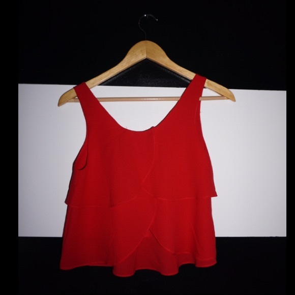 Bright Red Cropped Blouse with Large Ruffle - Picture 2 of 2